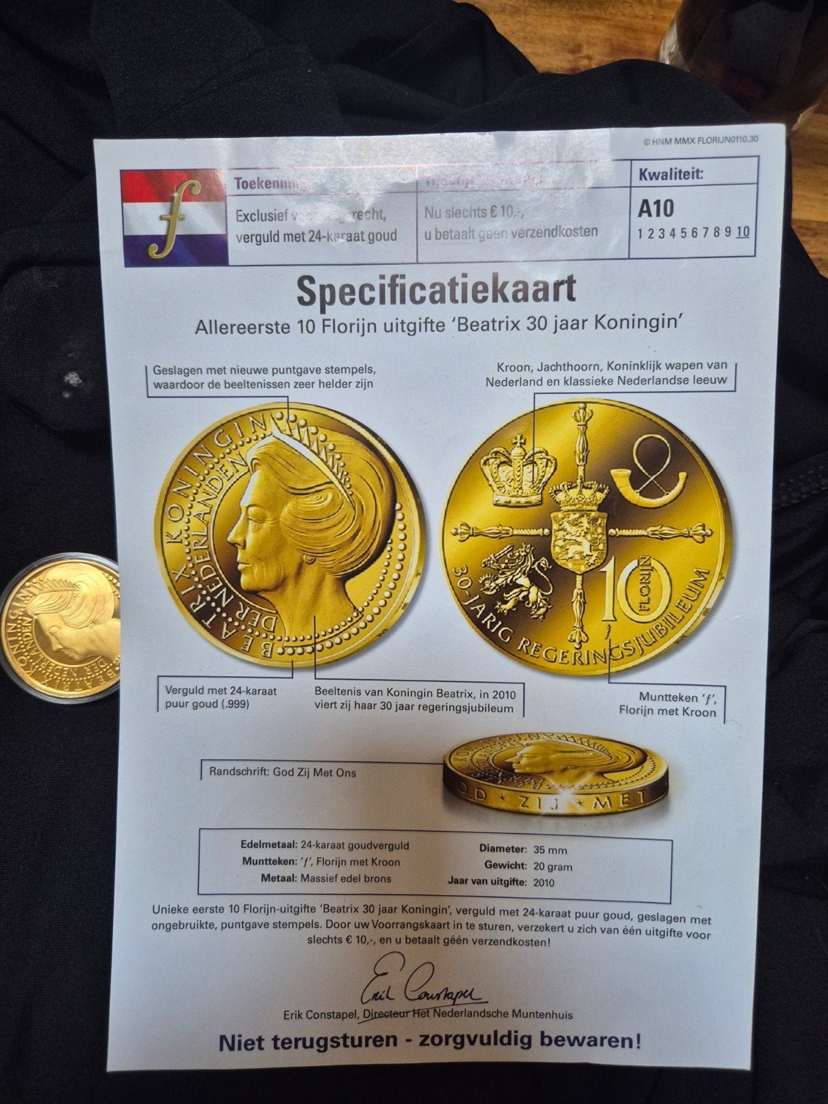 10 Florijn 2010 - 30 jaar Koningin Beatrix verguld + cert., Ophalen of Verzenden, Koningin Beatrix, Euro's, Goud