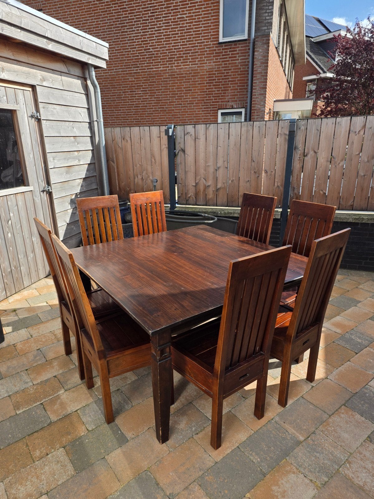 Houten eettafel met 8 stoelen - Gebruikt, Ophalen, Gebruikt, Rustiek, Vierkant