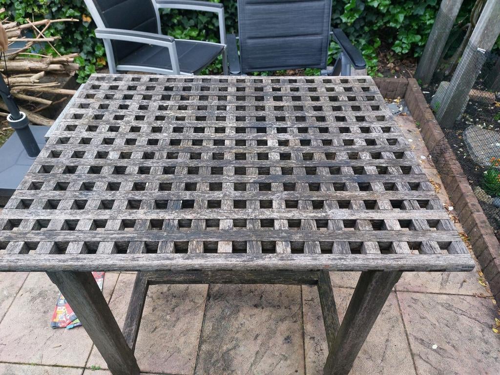 2x Zelfgemaakte hardhouten tuintafels 80x100 cm, Ophalen, Gebruikt, Rechthoekig, Hout