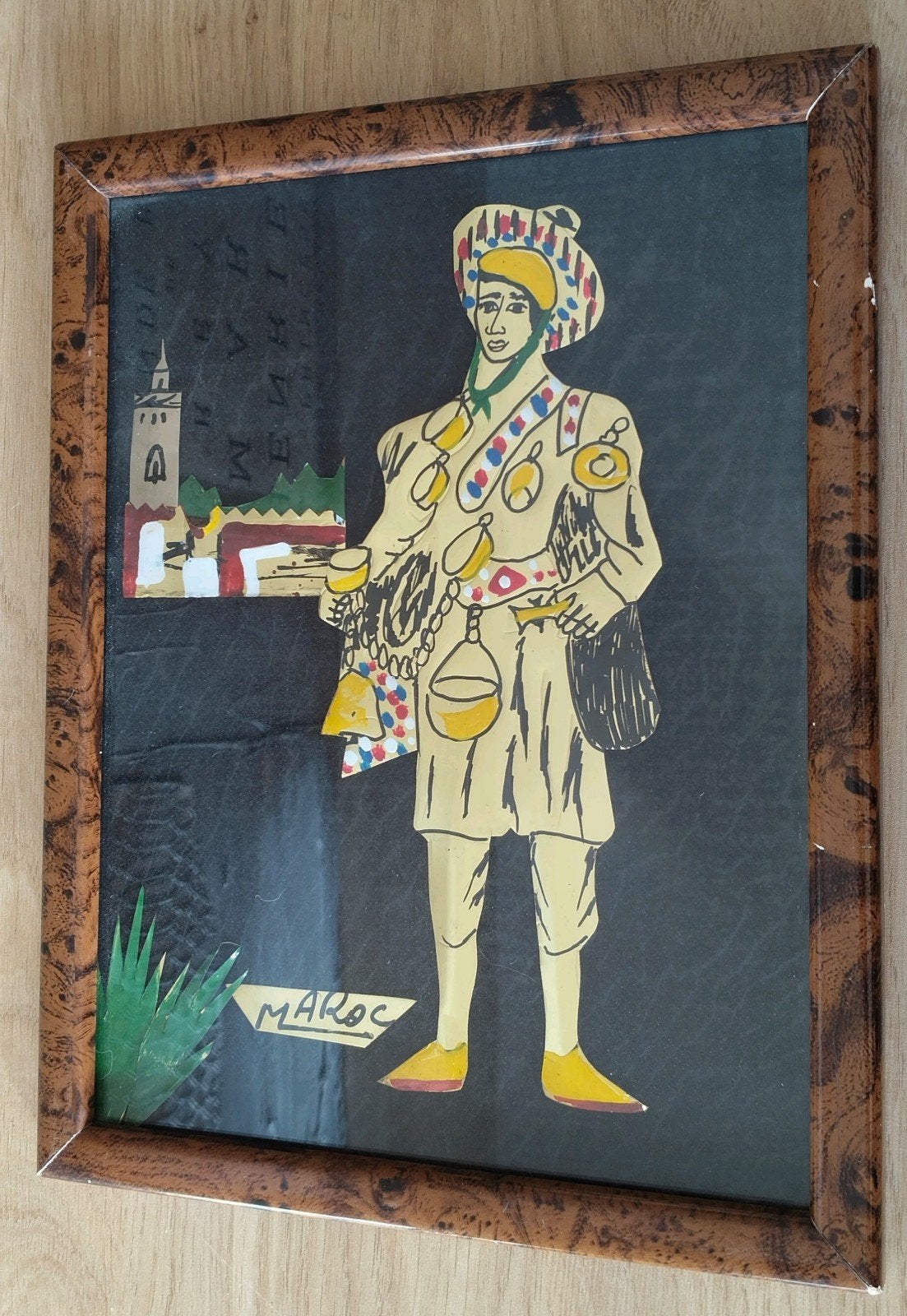 Vintage Marokko kunstwerk in lijst - Handgemaakt- Maroc, Verzenden, Gebruikt, Overige typen