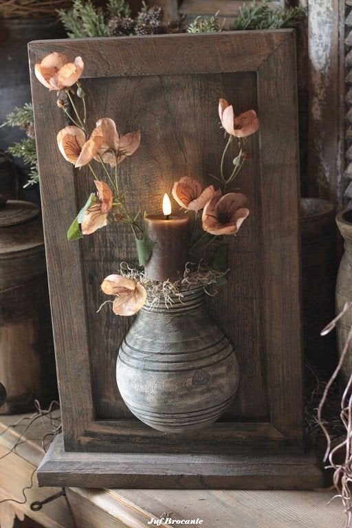 Lijst met dubbele kruik staand compleet met zijdebloemen, Www.jufbrocante.nl, Www.jufbrocante.nl, Nieuw, Ophalen of Verzenden