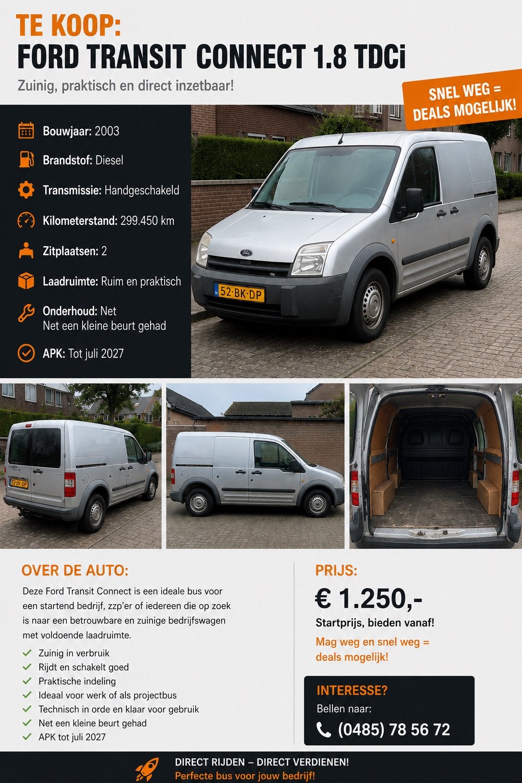 Ford Transit Connect 1.8 TDCi – APK juli 2027 –, Auto's, Bestelauto's, Voorwielaandrijving, 4 cilinders, Origineel Nederlands