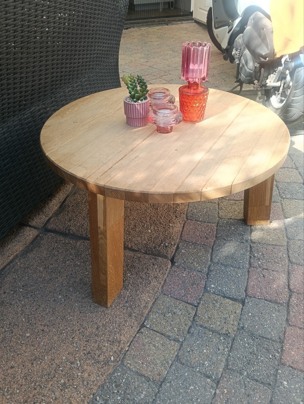 Ronde houten salontafel - massief eiken, Ophalen, Gebruikt, 50 tot 100 cm, 50 tot 100 cm