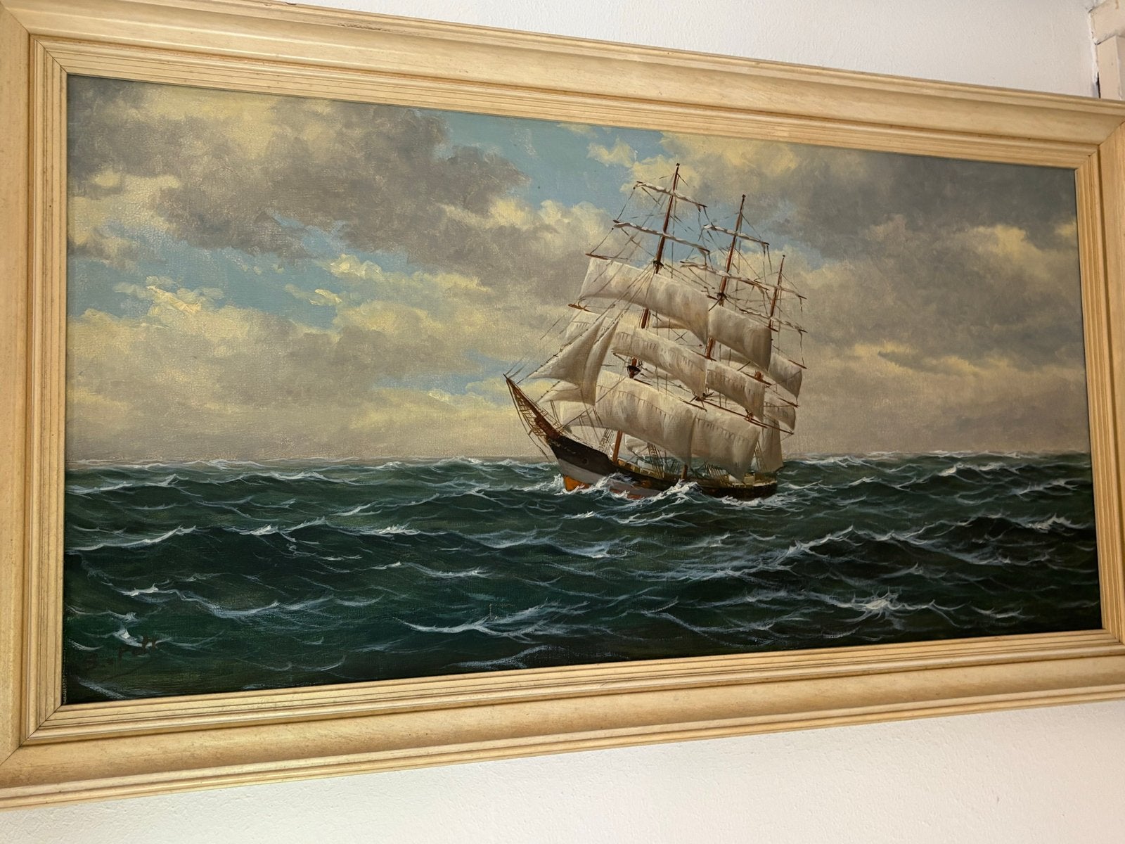 Olieverfschilderij van een zeilschip op woelige zee, Maritiem / water, Doek, Realistisch, Ophalen of Verzenden