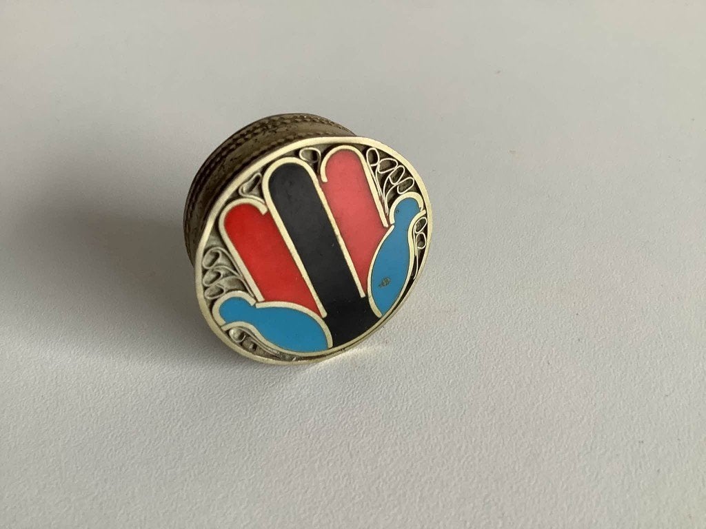 Rond art deco messing en emaille pillendoosje, Antiek en Kunst, Ophalen of Verzenden