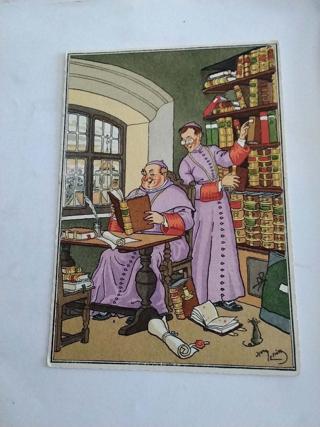 Oude Ansichtkaart: Monniken in Bibliotheek Harry Eliott, Verzamelen, Ophalen of Verzenden
