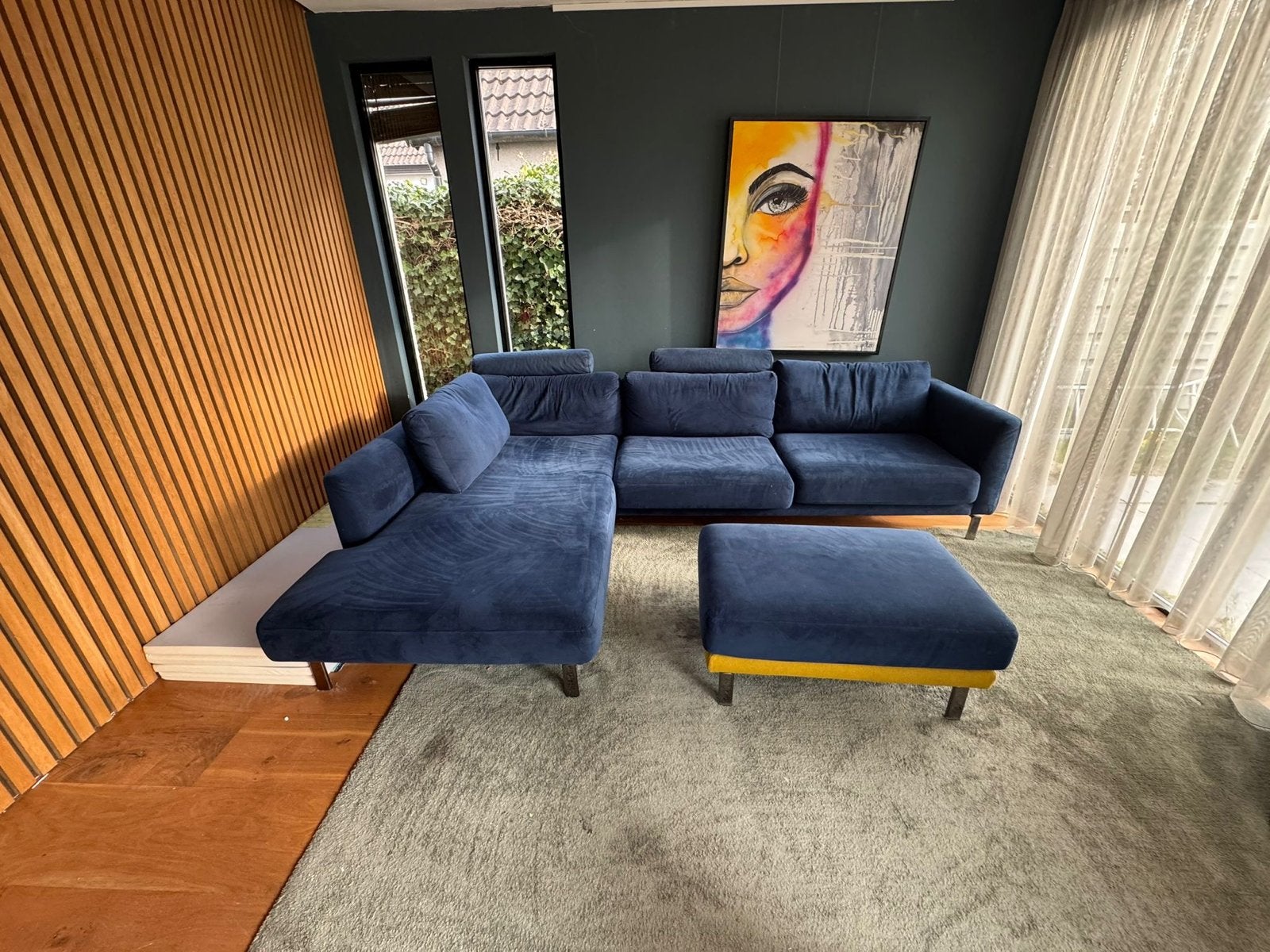 Nette Trendhopper Vigo Hoekbank met Hocker - Donkerblauw, Ophalen, Zo goed als nieuw, Stof
