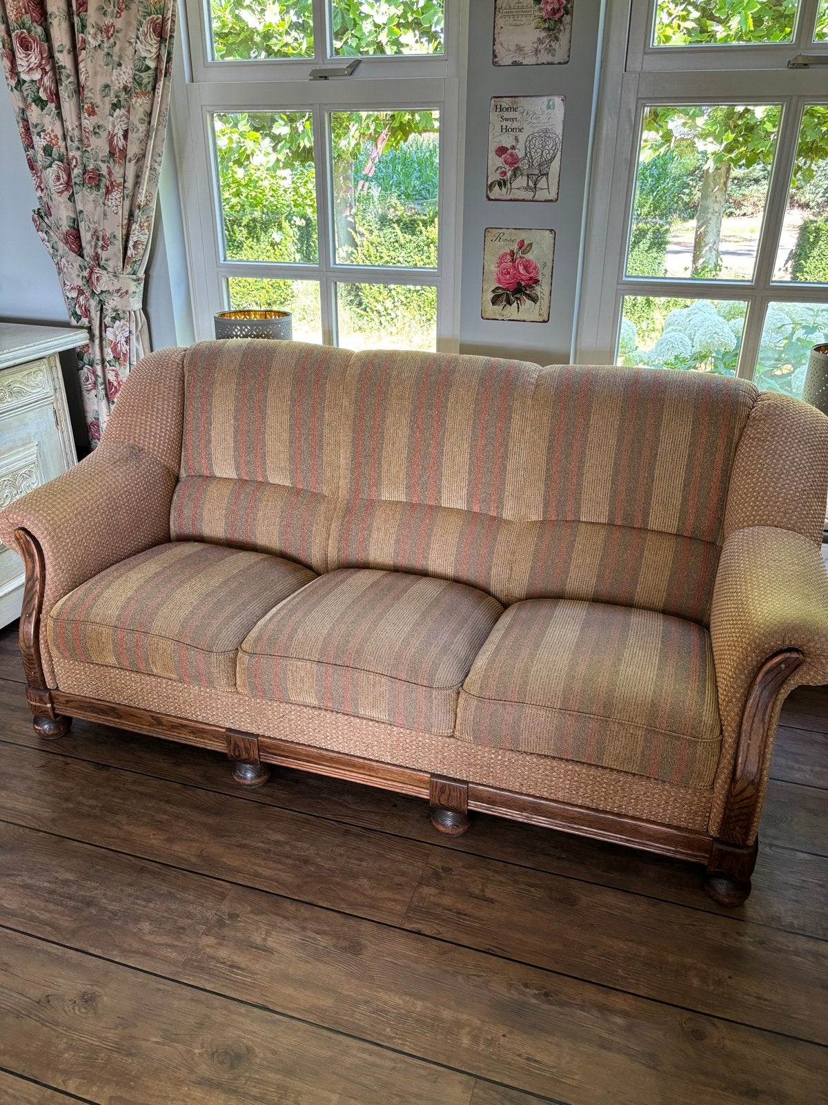 Vintage 3-zits bank met houten armleuningen, Ophalen, Gebruikt, Driepersoons, 75 tot 100 cm