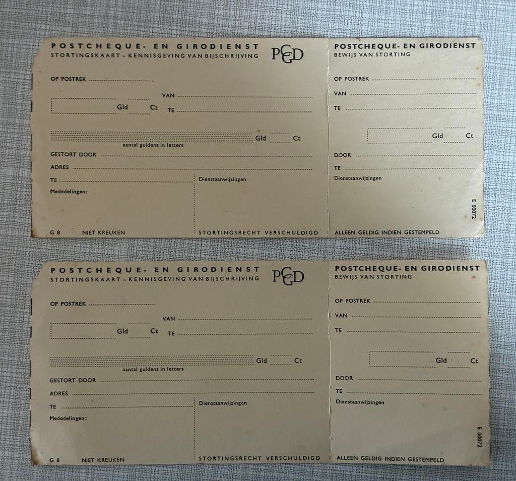 2 oude stortingskaarten postcheque- en girodienst, Ophalen of Verzenden, Zo goed als nieuw