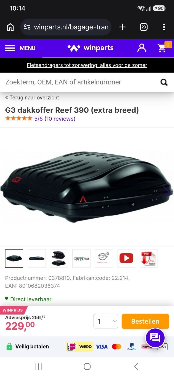 G3 Reef 390 Dakkoffer Extra Breed - Zwart, Auto diversen, Dakkoffers, Gebruikt, Ophalen of Verzenden