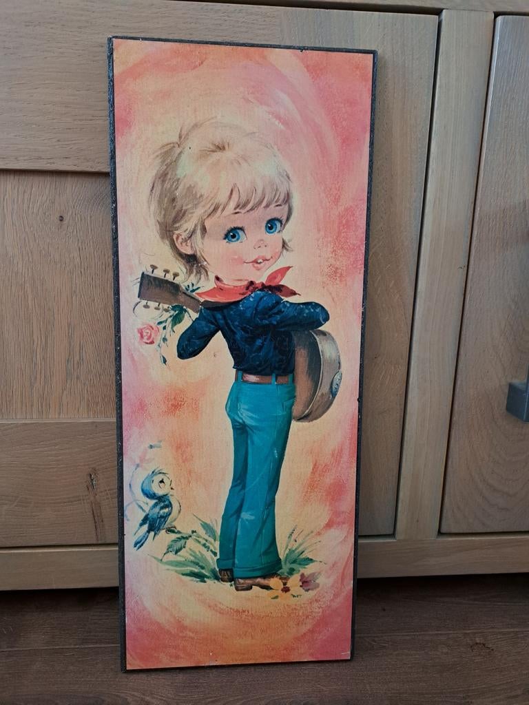 Vintage schilderij meisje met gitaar en vogeltje 49,5-19,5cm, Minder dan 50 cm, Gebruikt, 50 tot 75 cm, Ophalen of Verzenden