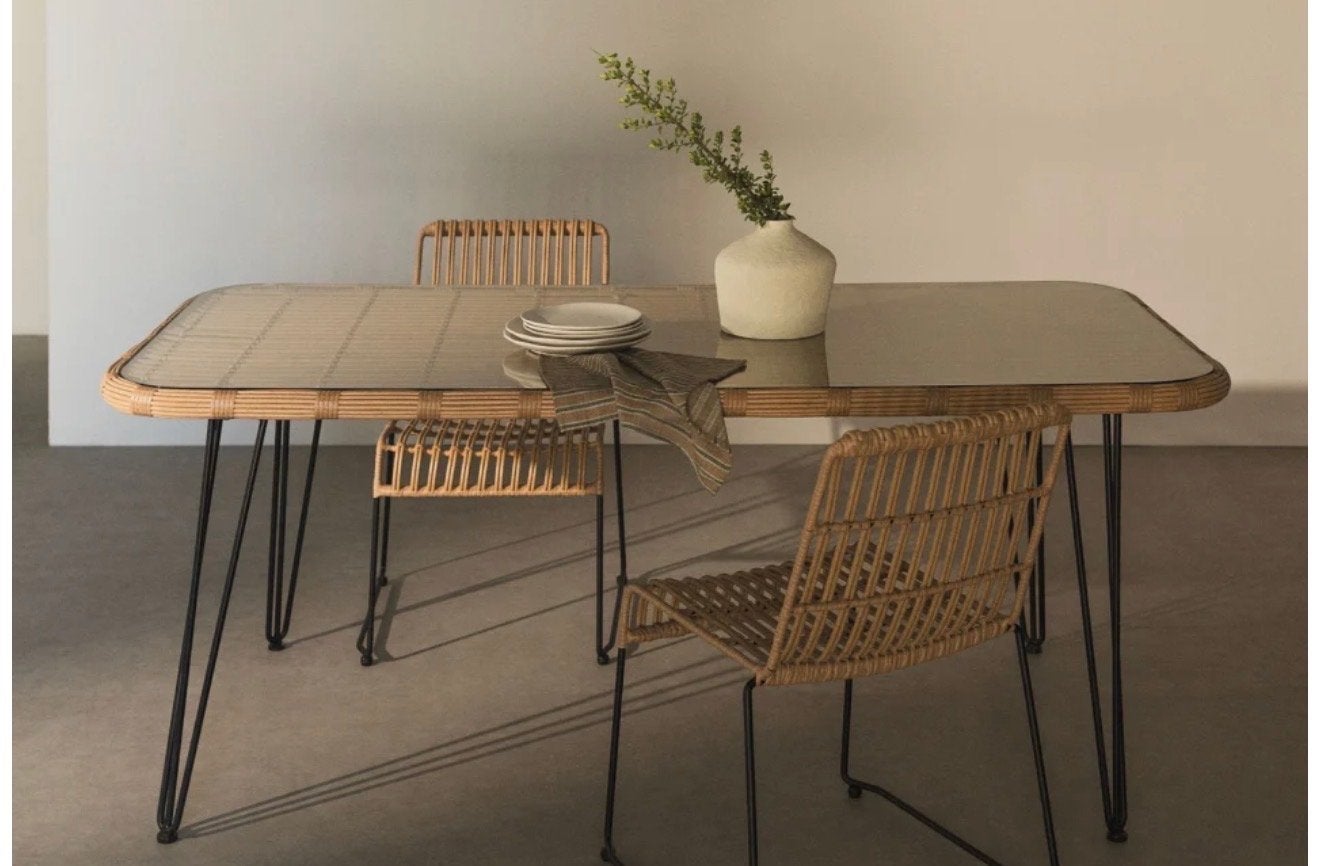 Elegante eettafel met rotan en glazen blad + 6 stoelen, Ophalen, Nieuw, 50 tot 100 cm, Glas