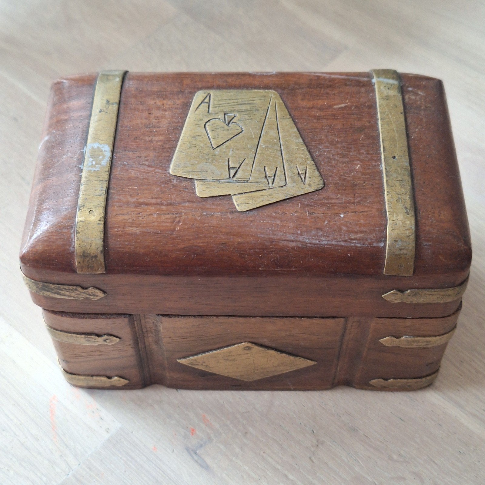 Kaart spelers kistje messing hout kaarten, Ophalen of Verzenden