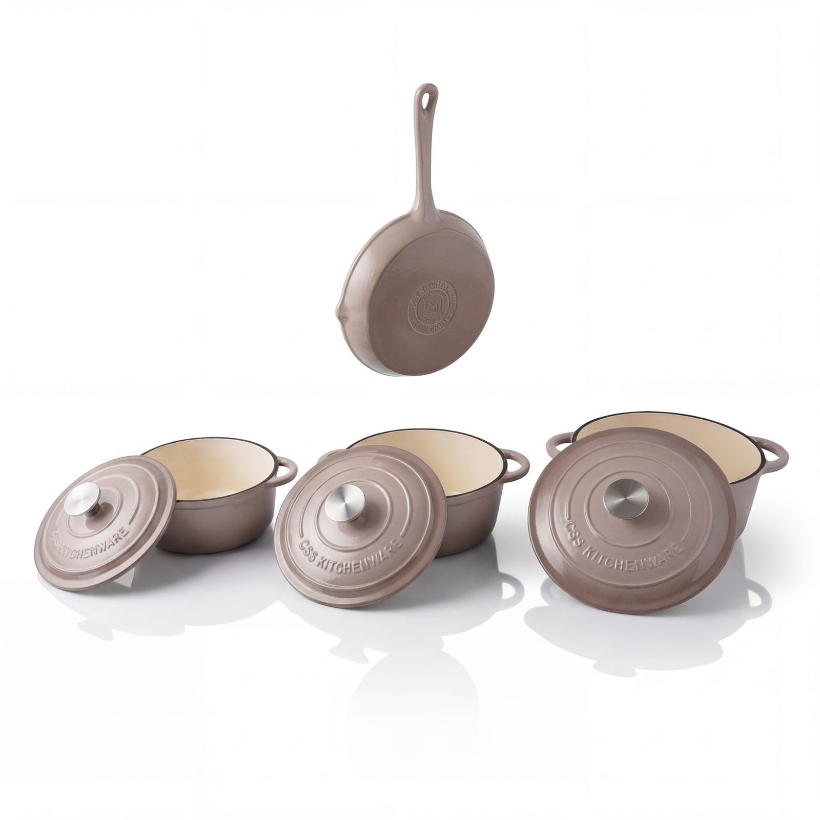Nieuwe Gietijzeren Pannensets emaille  -  Taupe/Blauw/Paars, Gietijzer, Nieuw, Pannenset, Ophalen of Verzenden