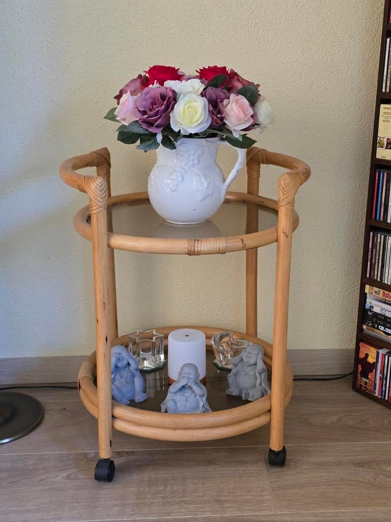 Vintage rotan serveerwagen met glazen platen, Gebruikt, Vintage, Boho, Rotan, Rond, 60 cm of meer