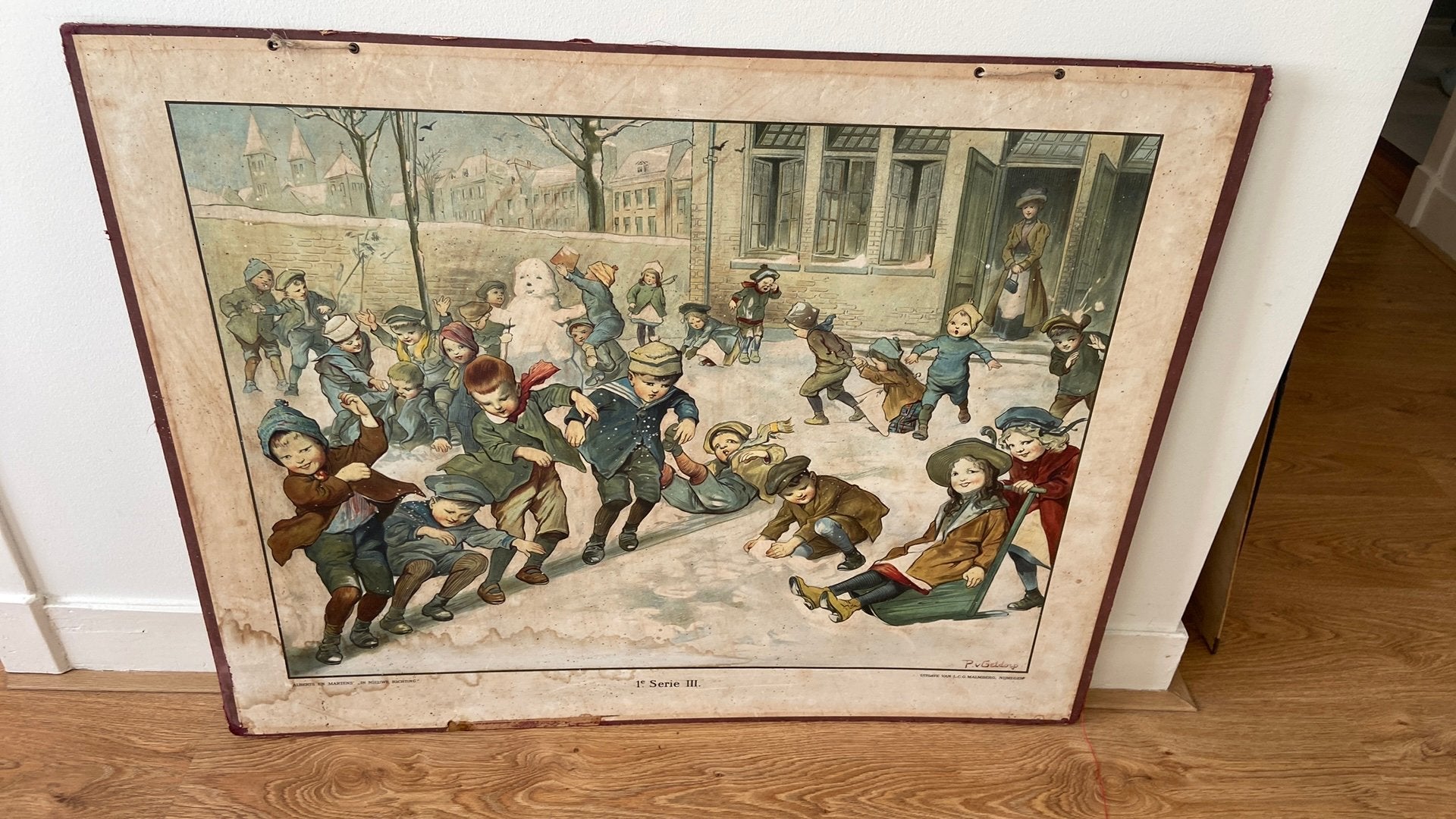 Antieke schoolplaat: Op de speelplaats in de winter, Antiek en Kunst, Ophalen, Stad- en Dorpsgezichten