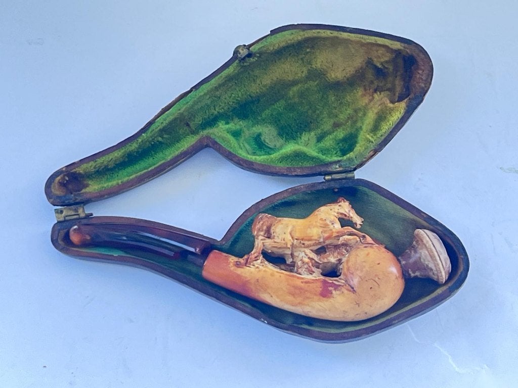 Antieke Meerschuim Pijp met Paardensculptuur in Etui, Ophalen of Verzenden