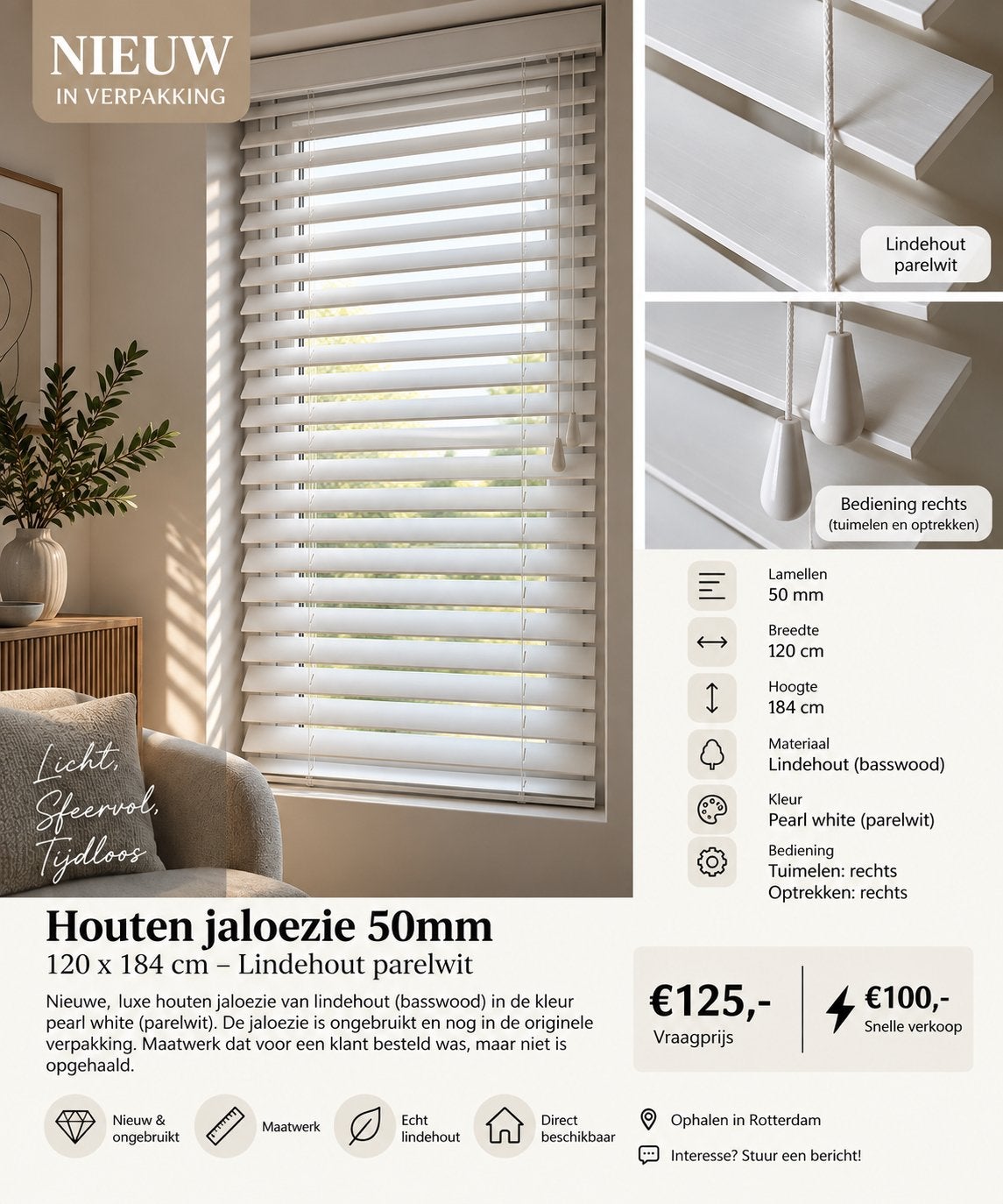 6.Nieuwe houten jaloezie 50mm – 120x184 cm – Pearl White, Huis en Inrichting, Jaloezie, 120 cm, 184 cm, Nieuw