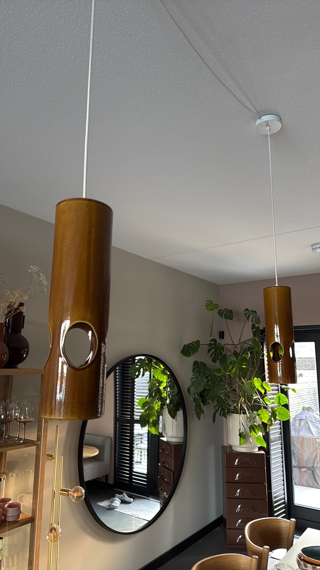 Hkliving bruin keramiek hanglampen, Huis en Inrichting, Lampen | Hanglampen, Ophalen of Verzenden, Zo goed als nieuw, Keramiek