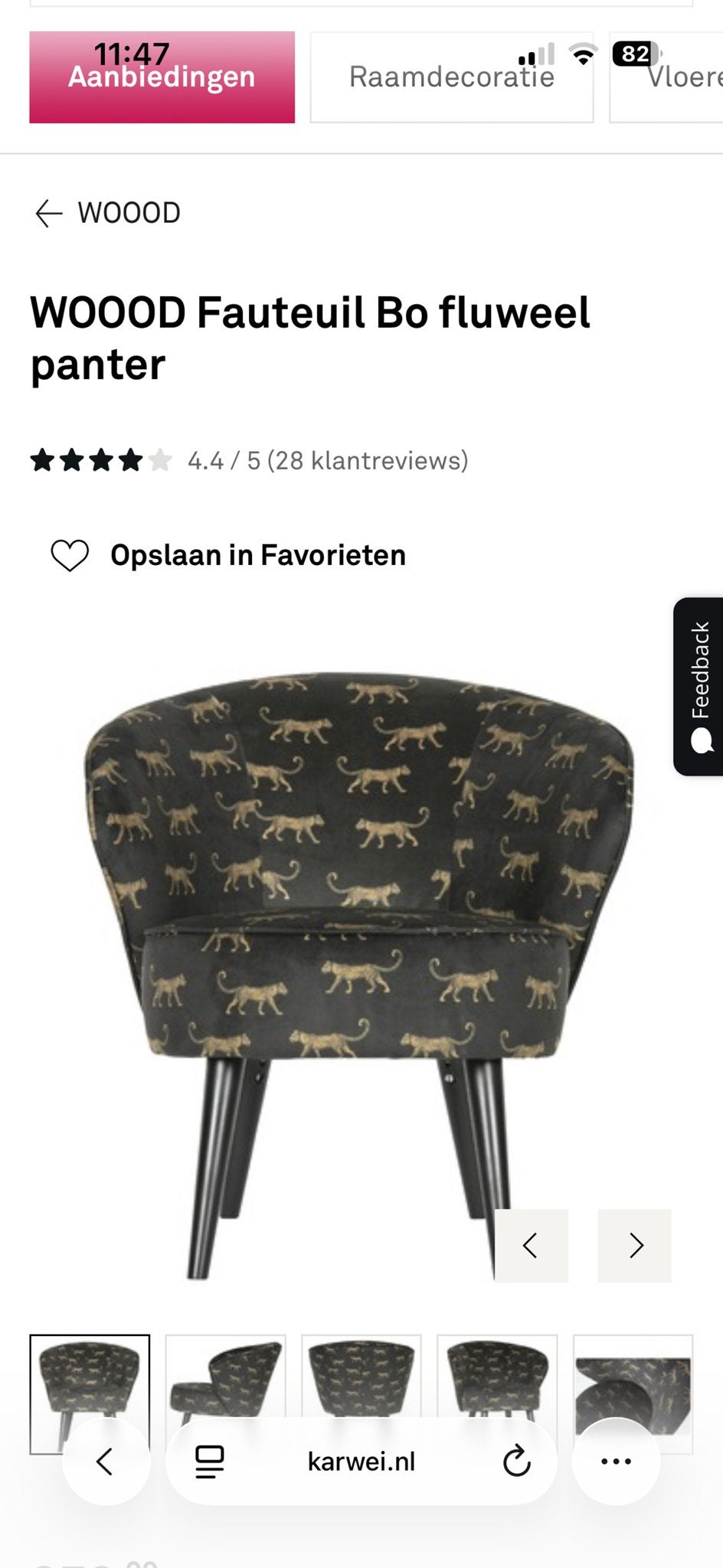 WOOOD Fauteuil Bo fluweel panter, Huis en Inrichting, Fauteuils, Ophalen, Kunststof, Minder dan 75 cm, Zo goed als nieuw
