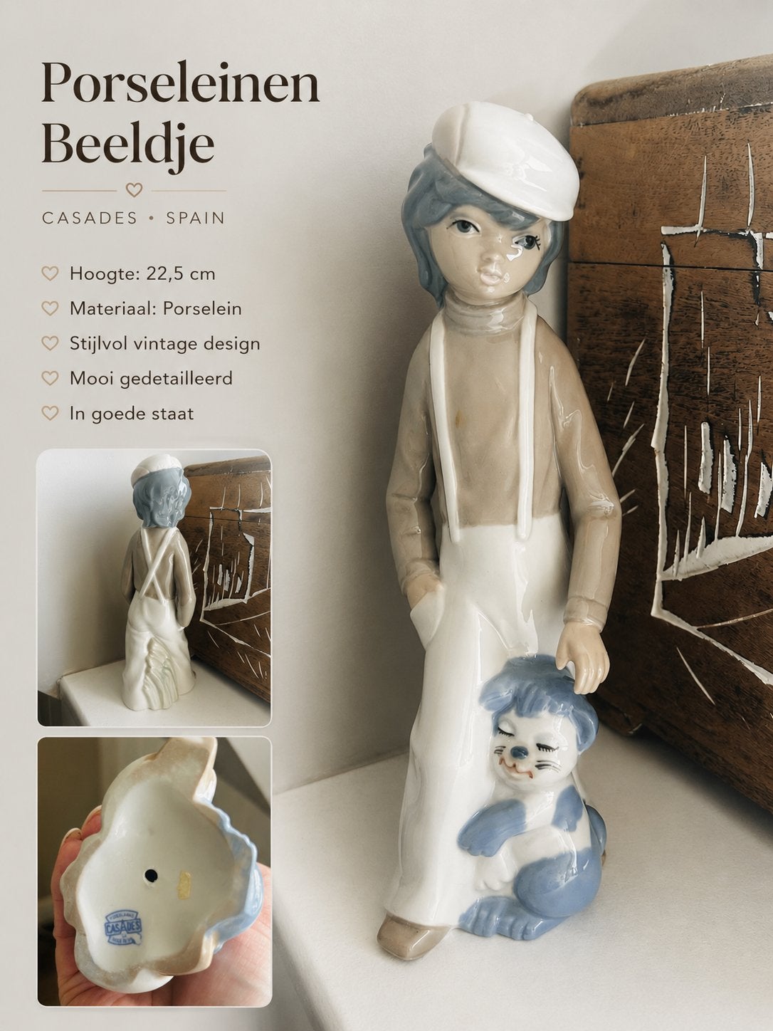 Casades Porseleinen Beeldje: Jongen met Poes - Vintage Spanj, Antiek en Kunst, Ophalen of Verzenden