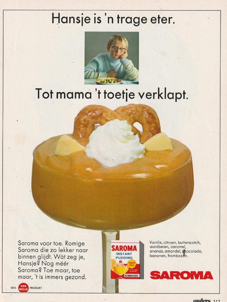 Retro reclame 1969 Saroma zuivel toetje in caramelsmaak, Verzamelen, Verzenden, Overige typen