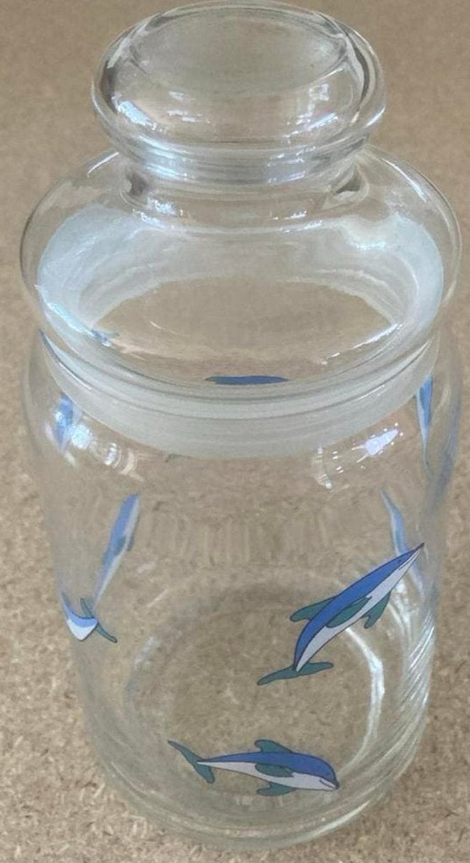 Glazen pot met dolfijnen decoratie en deksel, Ophalen, Gebruikt, Met deksel, Rond