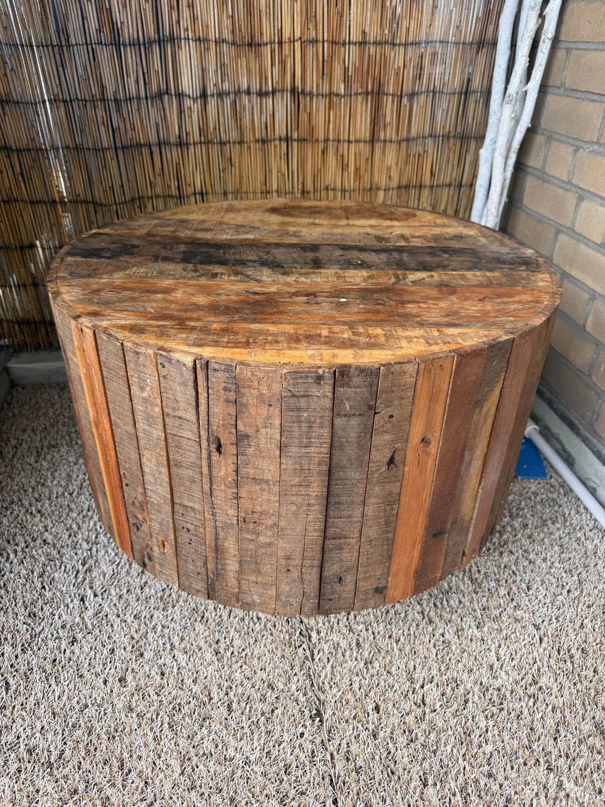 Unieke handgemaakte ronde houten salontafel, Ophalen, Gebruikt, 50 tot 100 cm, Rond