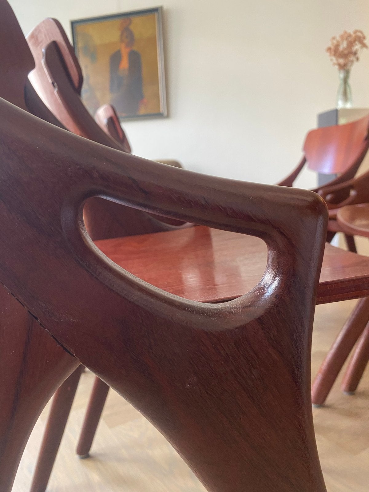 Set van 6 Vintage Deense Design Stoelen - Hovmand Olsen, Huis en Inrichting, Ophalen, Gebruikt, Bruin, Deens design