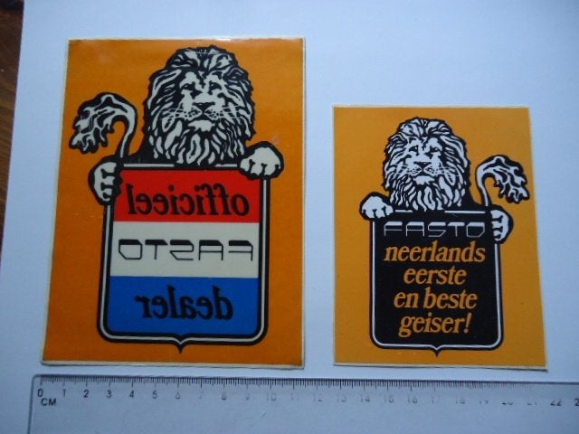 sticker oud FASTO geiser dealer loodgieter leeuw logo, Verzenden, Zo goed als nieuw, Bedrijf of Vereniging