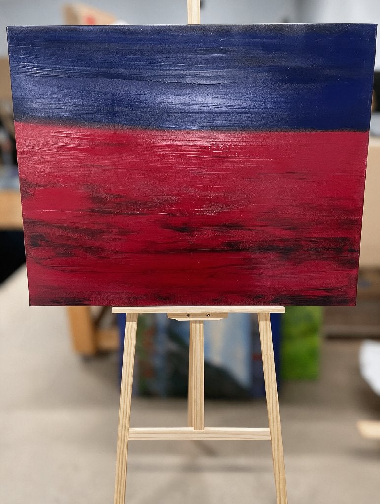 Abstract schilderij rood en donkerblauw – handgeschilderd, Antiek en Kunst, Ophalen