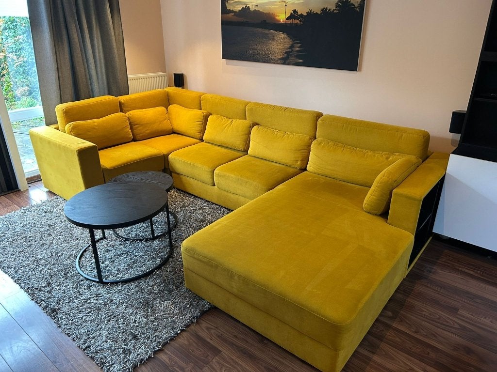 Hoekbank mosterdgeel - Zo goed als nieuw, Ophalen, Hoekbank, 300 cm of meer, Zo goed als nieuw