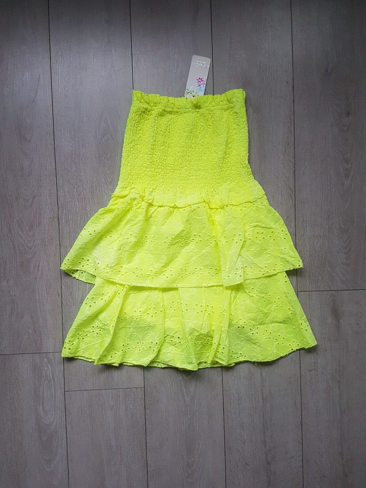Strapless jumpsuit neon geel one size, Verzenden, Nieuw, Geel