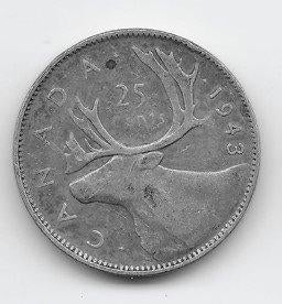Canada 25 cents 1943 KM# 35, Verzenden, Noord-Amerika, Losse munt, Zilver