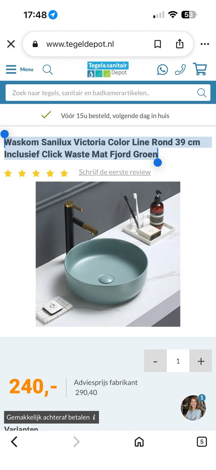 Waskom Sanilux Victoria Color Line  39 cm Mat Fjord Groen, Ophalen, Nieuw