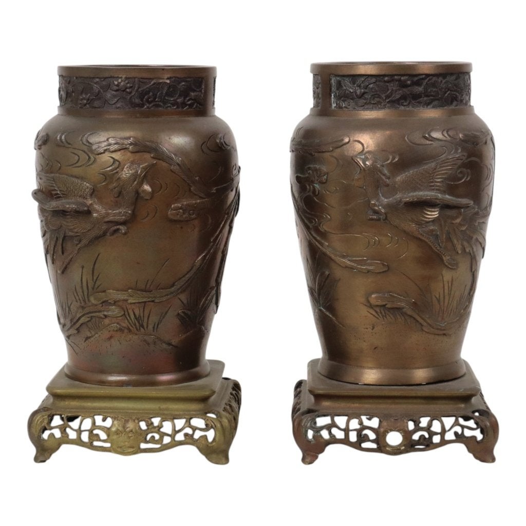 Koppel Japanse Bronzen Vazen Meiji Periode Feniks 28cm, Ophalen of Verzenden