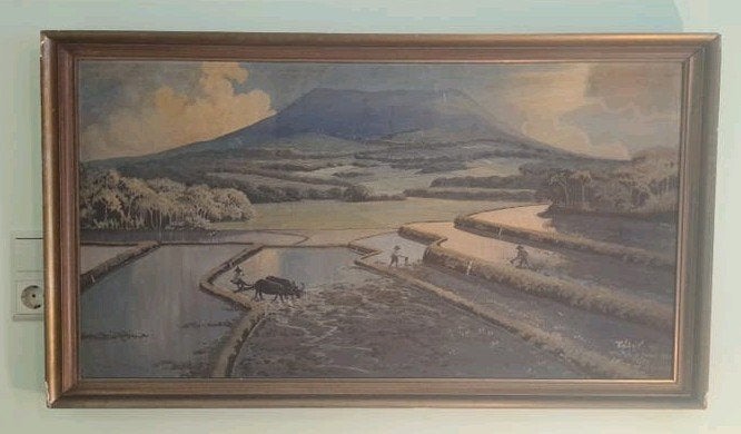 Vintage Indonesisch Landschap Bandung, Doek, Ophalen of Verzenden, Landschap, Gesigneerd