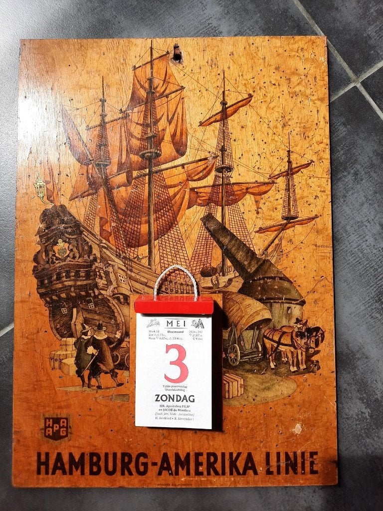 Duitse kalenderplaat hout scheepvaart Amerika Hamburg Linie, Verzenden, Gebruikt