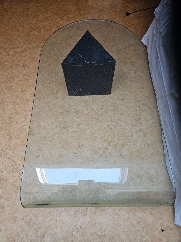 Salon tafel van glas met marmeren poot, Ophalen, Gebruikt, 100 tot 150 cm, 50 tot 100 cm