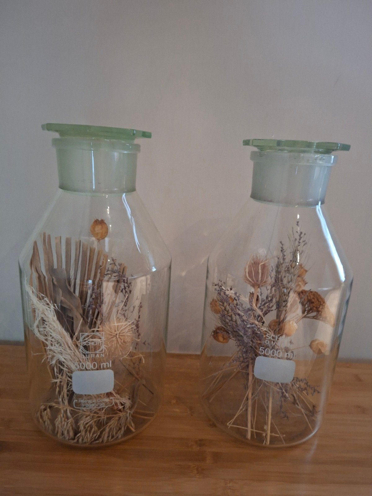 2 Schott Duran 5000ml  laberatorium potten met droogbloemen, Ophalen, Gebruikt, Inclusief droogbloemen, Transparant