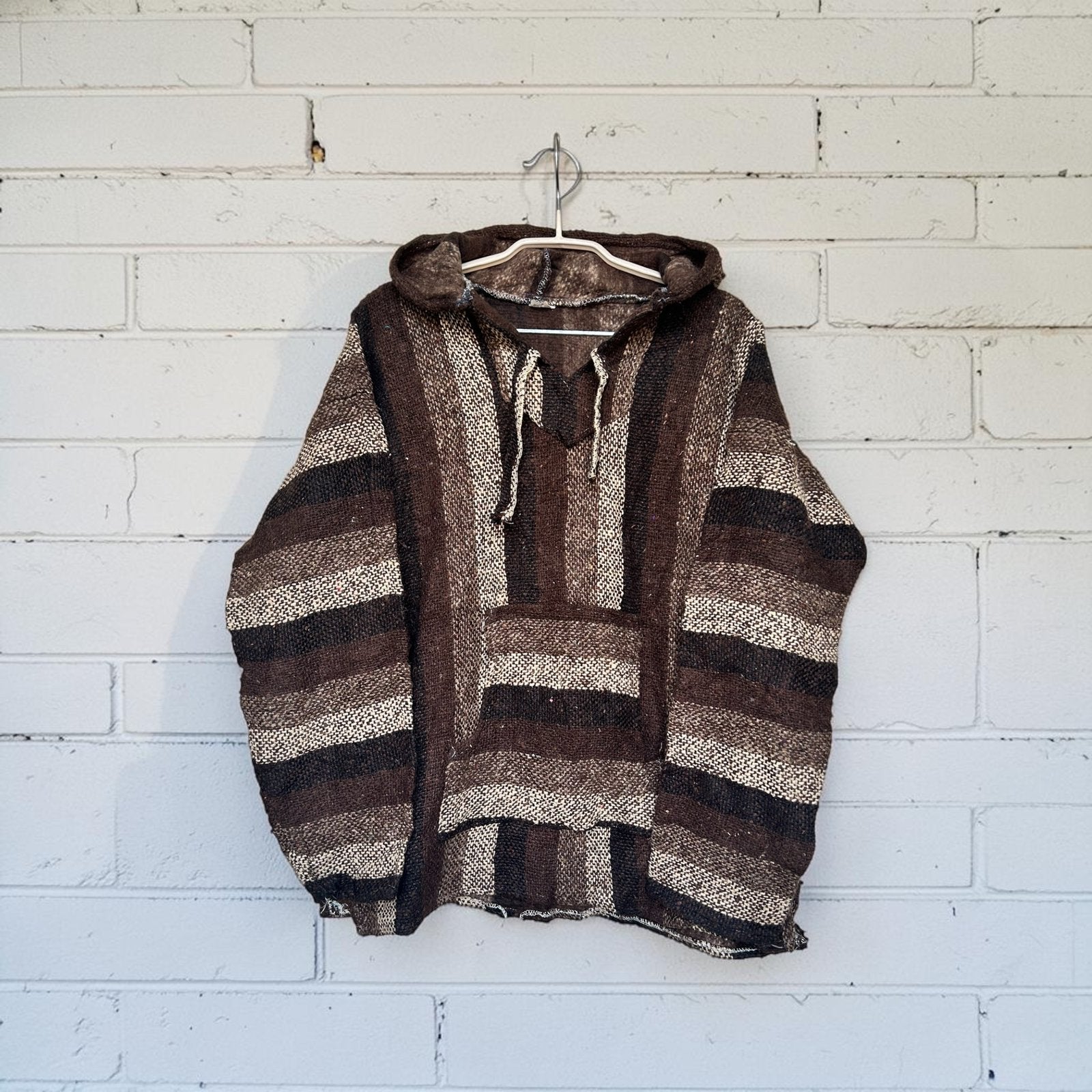 Vintage Baja Hoodie Maat M Bruin Zwart Streep Gebreid, Bruin, Zo goed als nieuw, V, V