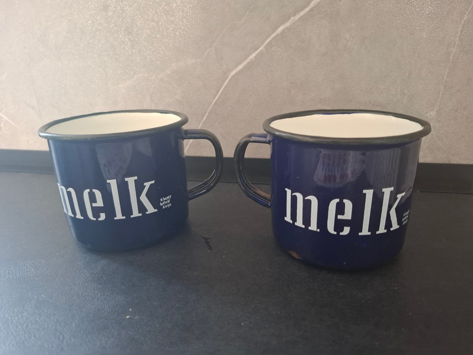 Set van 2 vintage emaille mokken 'melk' - blauw, Ophalen of Verzenden