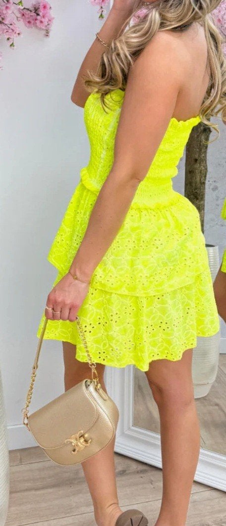 Strapless jumpsuit neon geel one size, Verzenden, Nieuw, Geel