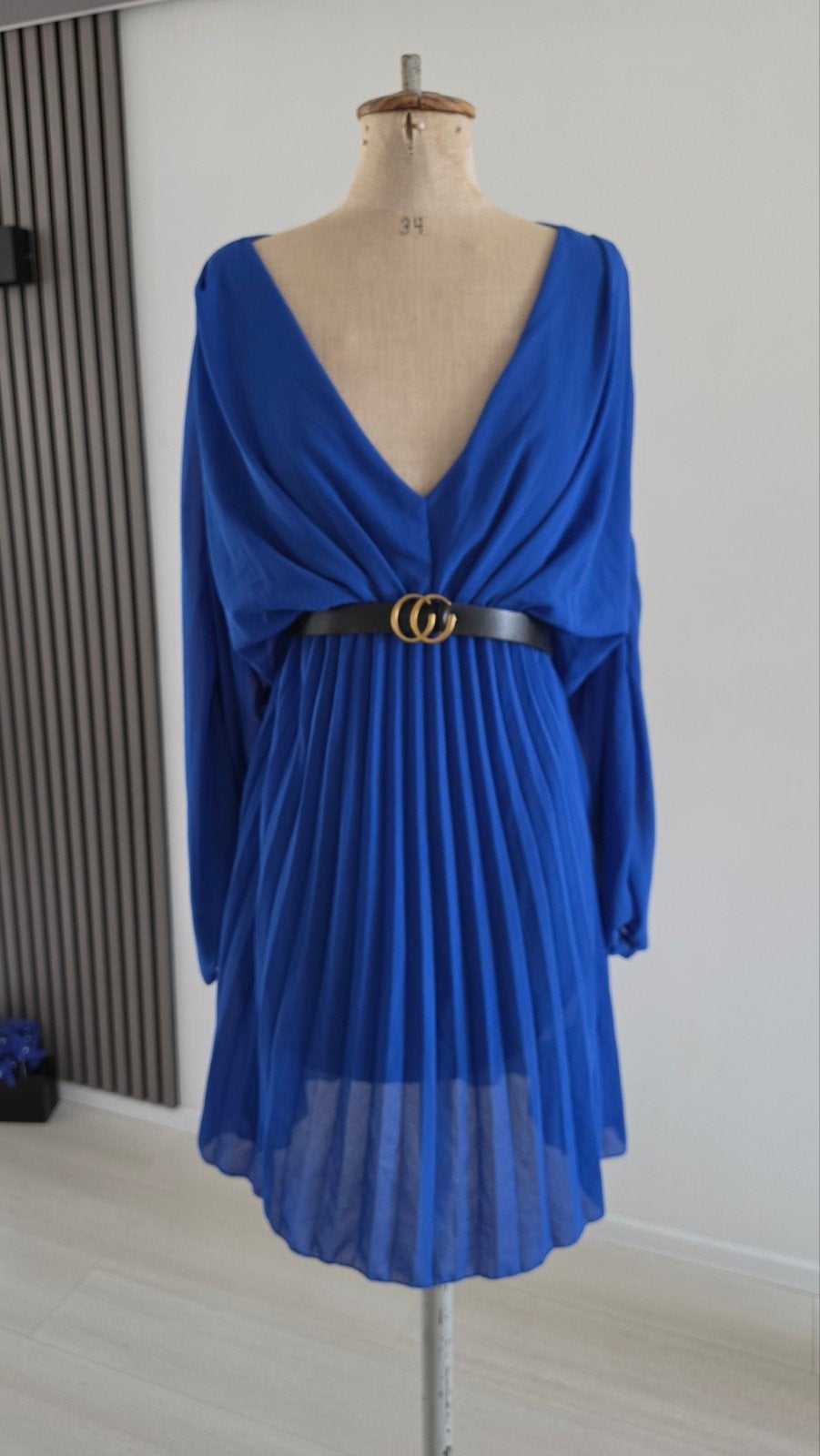 Prachtige kobaltblauwe plissé jurk met lange mouwen 1mt, Maat 38/40 (M), Blauw, Ophalen of Verzenden, Boven de knie