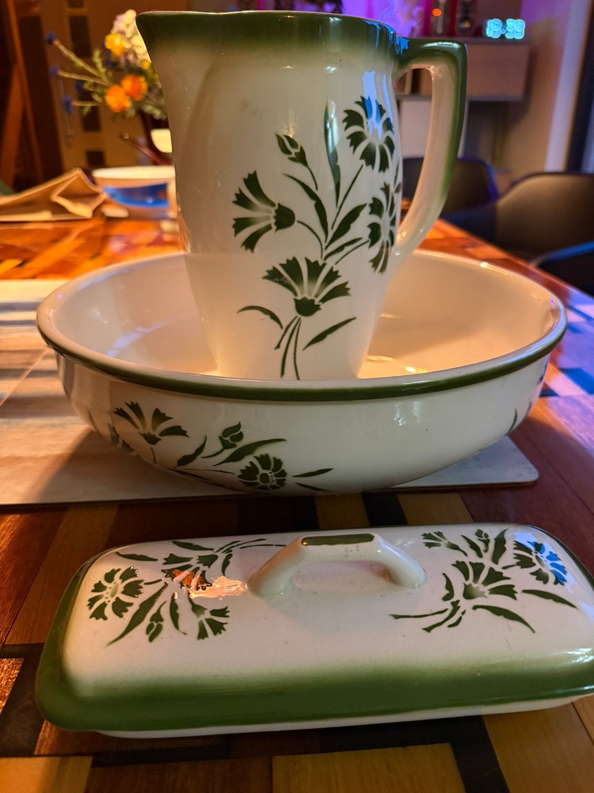 Art Deco lampetstel drie delig Boch Belgium groen, Ophalen of Verzenden