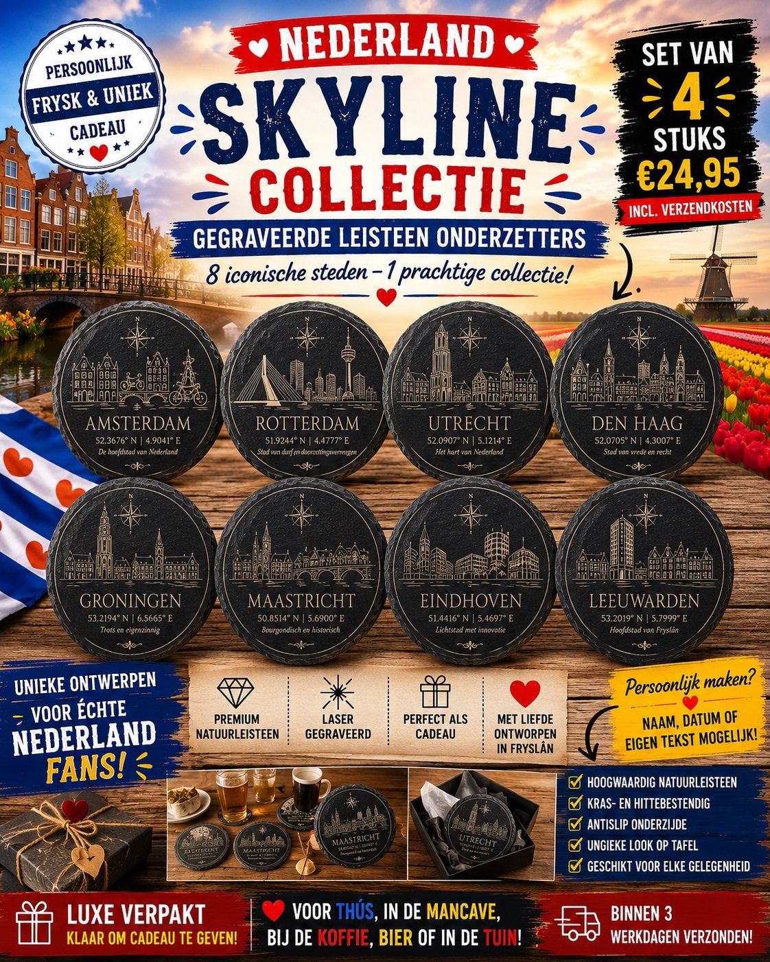 Leisteen op maat gemaakte unieke onderzetters!, Verzenden, Waterdicht, Steen/keramiek, Glasonderzetter