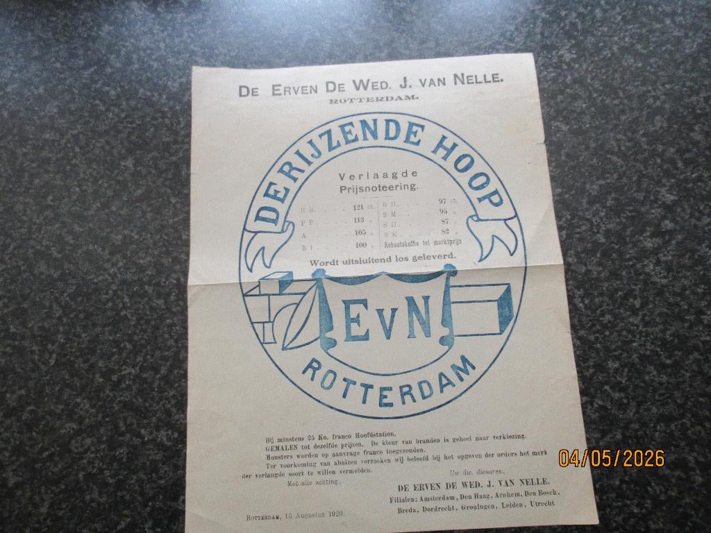 PROSPECTUS/FOLDER- DE RIJZENDE HOOP- VAN NELLE-ROTTERDAM1920, Ophalen of Verzenden