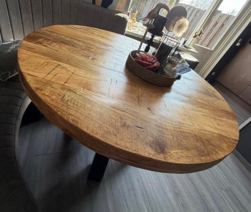 Mango hout eettafel, Huis en Inrichting, Tafels | Eettafels, Ophalen, Zo goed als nieuw, Rond, 100 tot 150 cm