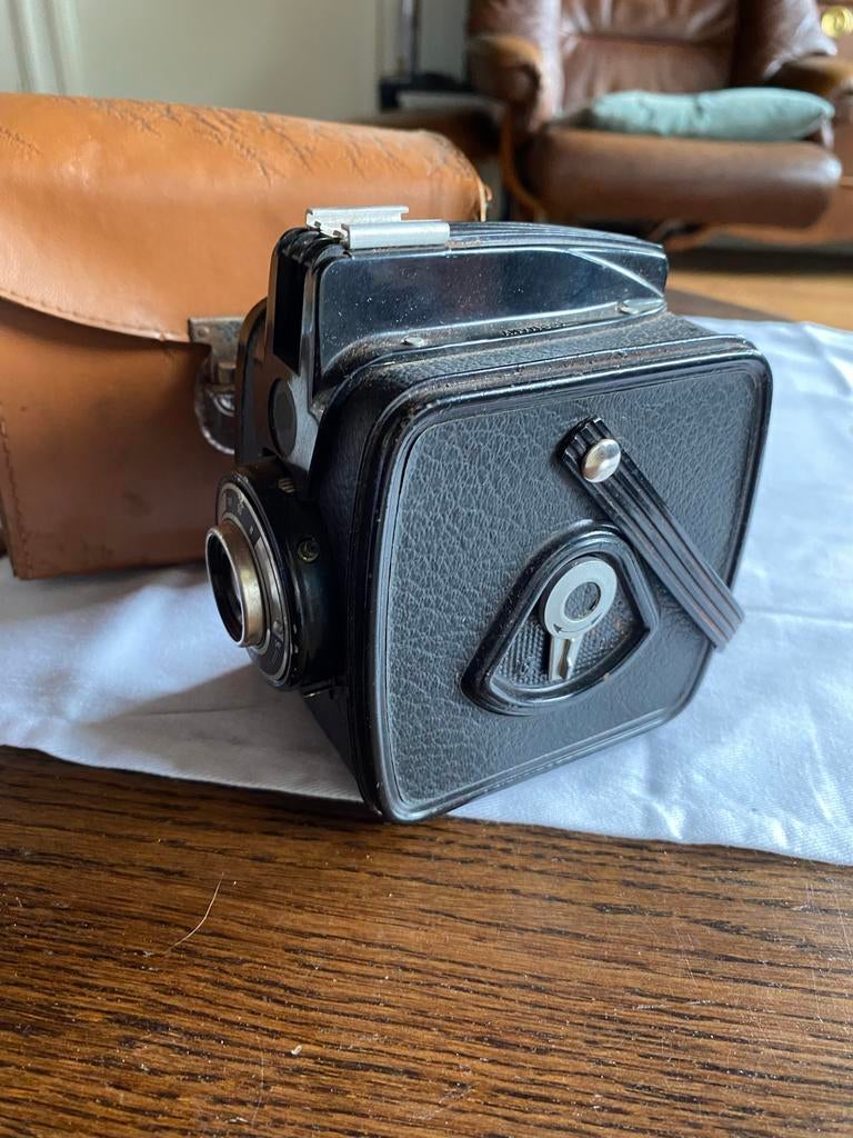 Vintage Gevabox camera in leren koffertje, Ophalen of Verzenden, Gebruikt, Overige Merken