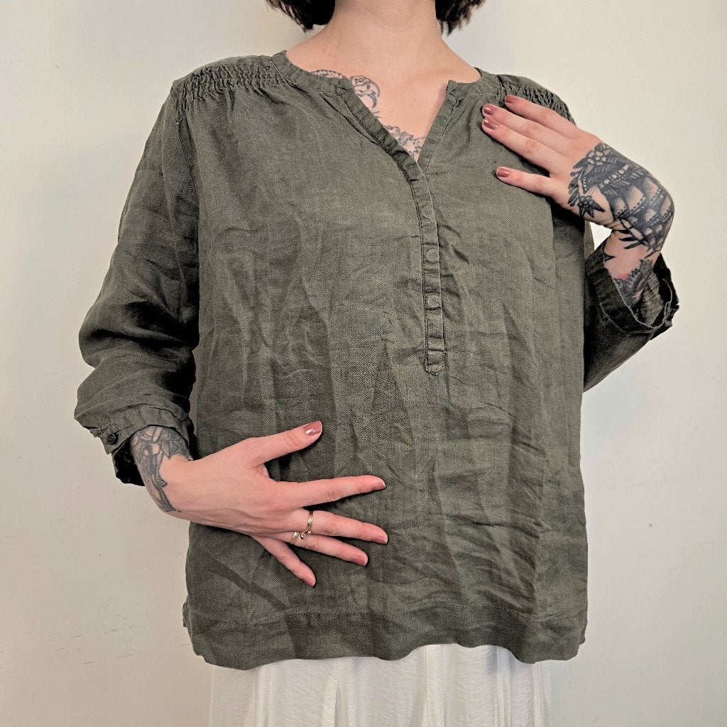 Adagio Olijfgroene Linnen Blouse Dames EU 44 / XXL, Adagio, Maat 42/44 (L), Ophalen of Verzenden, Zo goed als nieuw